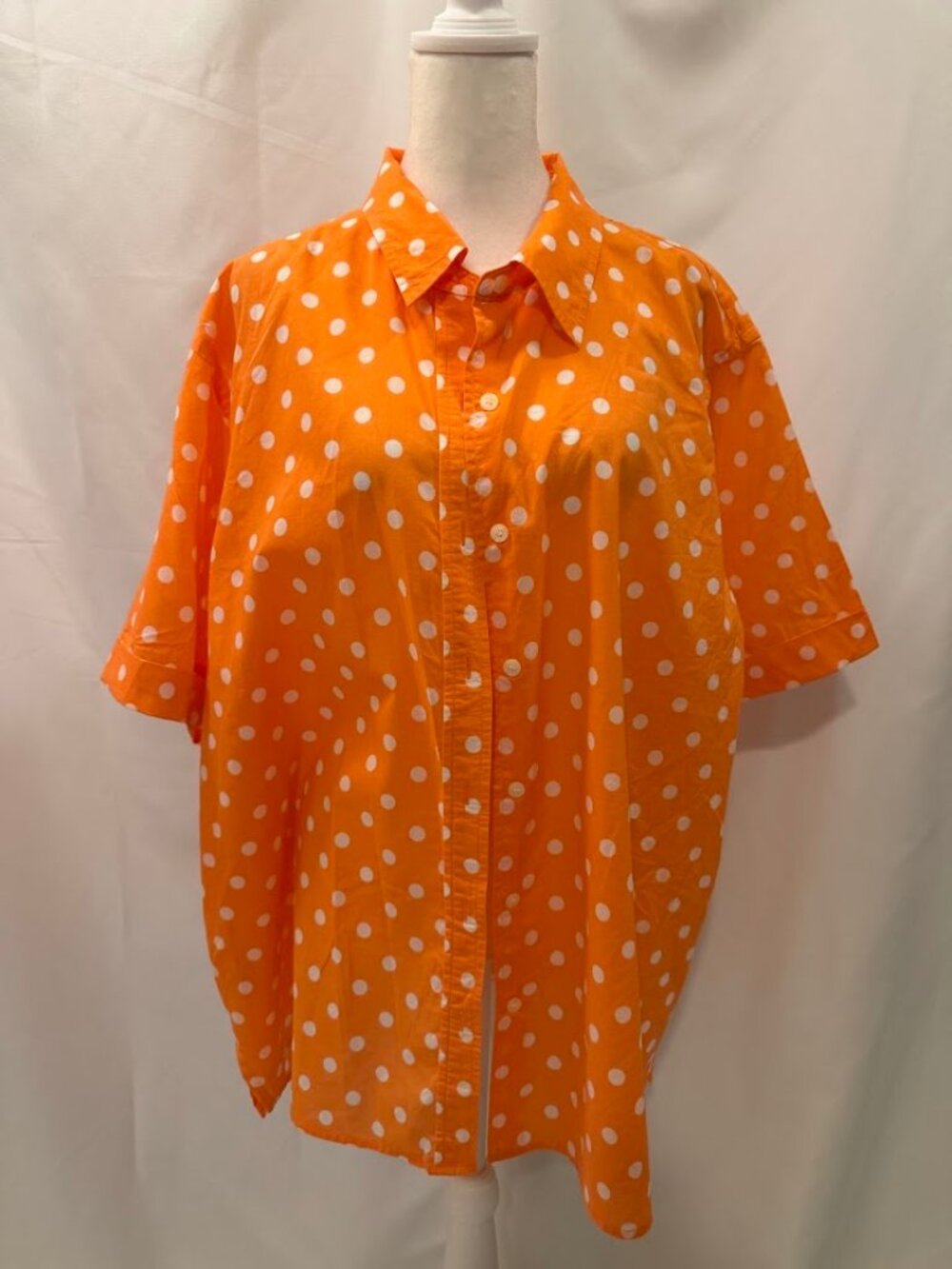 Women's Orange and White Polka Dot Short-Sleeve Cotton Button-Down Shirt - 3x